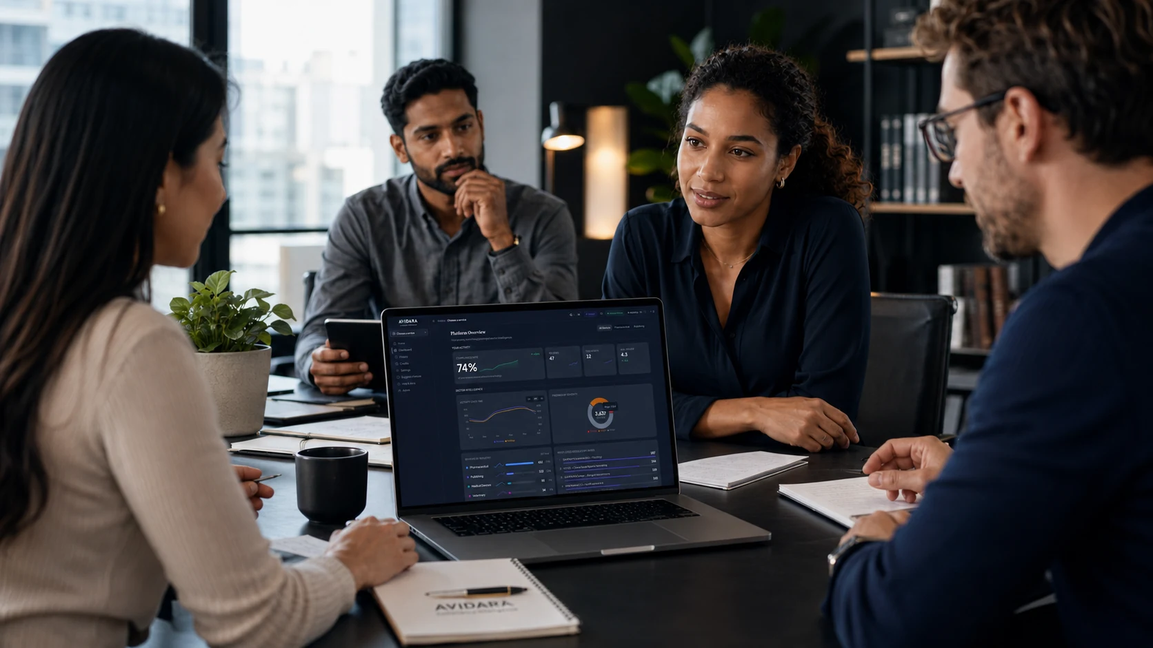 An Avidara client team reviewing the platform dashboard together